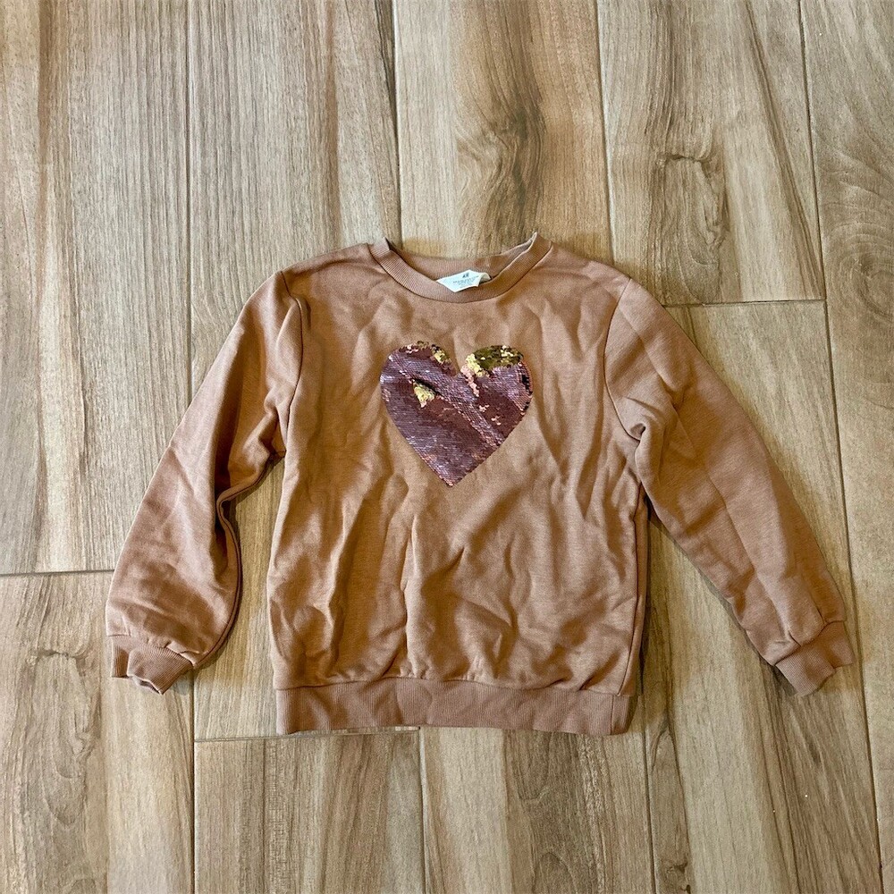 H&M Girls Sweatshirt Size 8-10 Beige Crew Neck Pullover Reversible